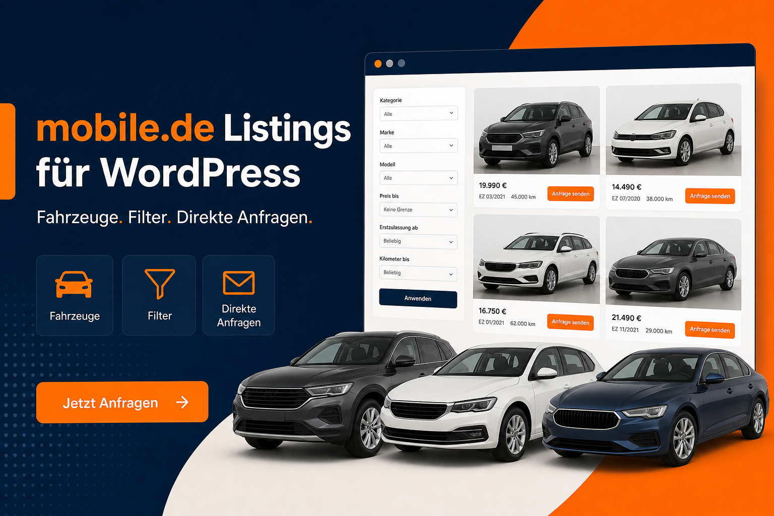 Produktvorschau des WordPress-Plugins mit Fahrzeugfiltern, Fahrzeugkarten und Anfragebuttons